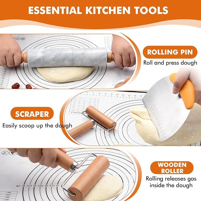 18.5 inches Marble Rolling Pin,Large Non-Stick Dough Roller,for making pizza, cookies,pie crusts, and pasta.with Silicone Pastry Mat,Stainless Steel Scraper,and Small Wooden Roller Pin(White)