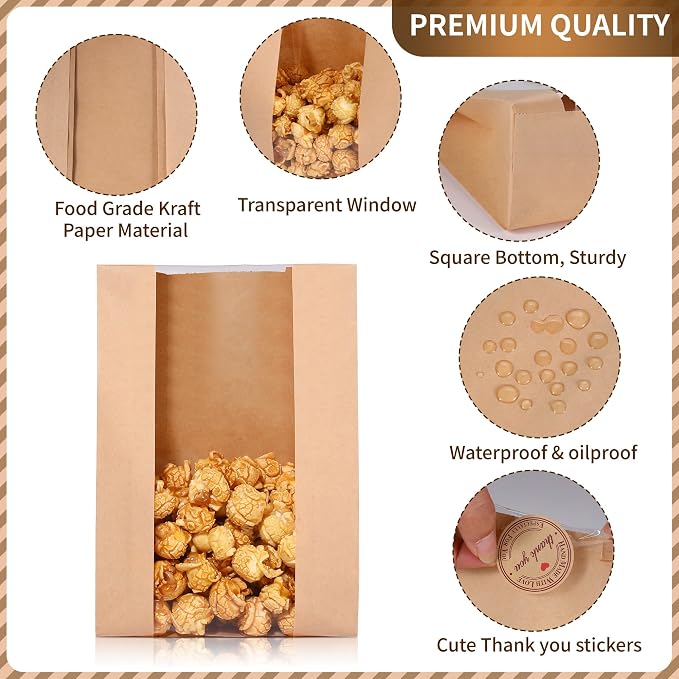 Bpole Cookie Bags with Seal - 50 PCS Small Bakery Bags with Window,5.1x2.8x9.1Inches Kraft Paper Cookie Treat Bag for Cookie Packaging Coffee Bean Snack Party