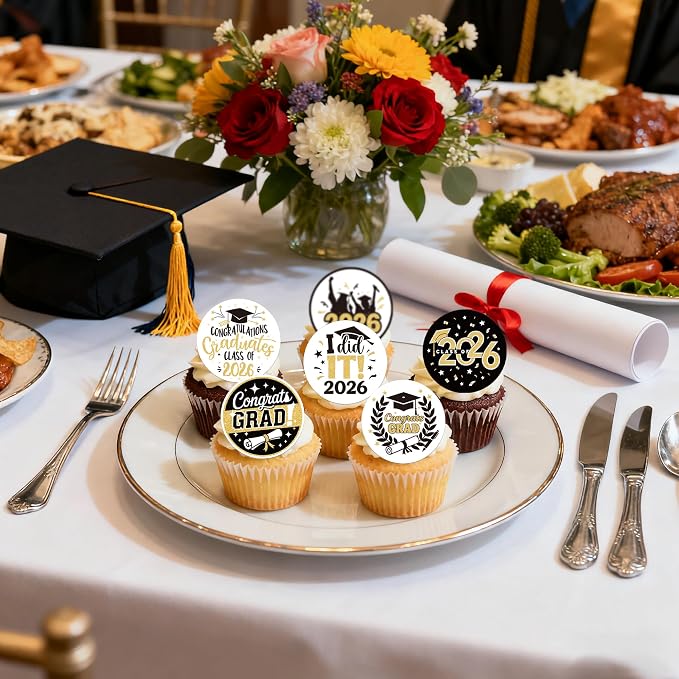 63 PCS Edible 2026 Graduation Theme Cupcake Toppers Diploma Class of 2026 Cake Decorations Edible Congrats 2026 Grad Cap Cupcake Picks for Congratulations 2026 Graduation Theme Party Supplies Gold