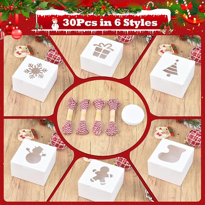 COTOPHER 30Pcs Christmas Cookie Boxes with Window, 6x6x3 inch White Bakery Boxes for Gift Giving, XMAS Treat Boxes Holiday Pastries Boxes for Cakes Muffins Donuts Chocolate Strawberries