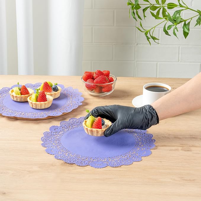 Pastry Tek 12 x 12 Inch Paper Lace Doilies, 100 Disposable Table Doilies - Elegant Lace Finish, Long Lasting, Purple Paper Doily, for Pastries, Cupcakes, Desserts - Restaurantware