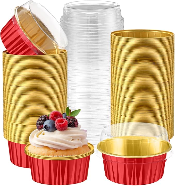 200 Pack Aluminum Foil Cupcake Liners with Lids, 5 oz Round Baking Cup, Disposable Ramekin Container for Graduation Wedding Independence Day Party(Red and Gold,Plain)