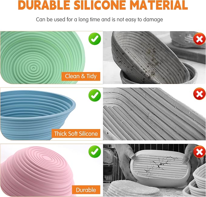 4Pcs Silicone Banneton Bread Proofing Baskets, 9" Round Foldable Non-Stick Dough Proofing Bowl Containers-BPA Free, Optimum Sourdough Bread Baking Supplies