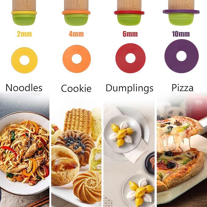 Adjustable Rolling Pin with 4 Thickness Rings, 13.6'' Wooden Dough Roller | Multicolor removable rings( 1/16''to 3/8'') for precise dough thickness, ideal for pizza, pies, pastries, cookies & making