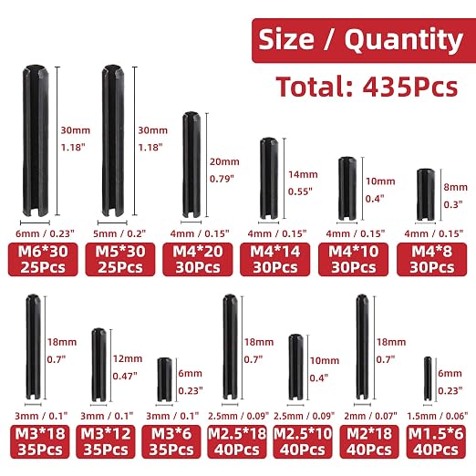 435-Piece Roll Pin Assortment Kit - Slotted Tension Pins, Split Dowels & Expansion Spring Pins - Includes M1.5 to M6 Sizes (13 Types) - Durable Spring Steel for Secure Fastening