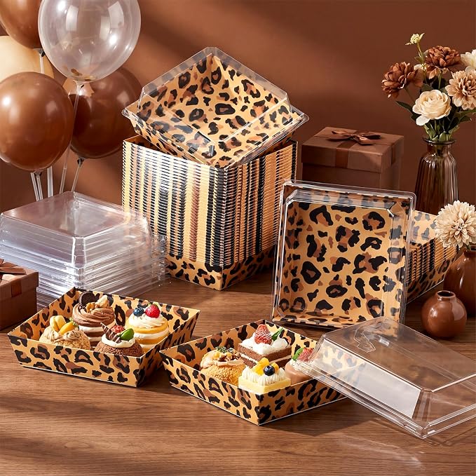 Potchen 50 Pack Bakery Boxes with Clear Lids, Disposable Charcuterie Treat Boxes for Cookies, Donuts, Cupcakes, Candy and Mini Cakes, Party Favor for Wedding and Gift Giving(Leopard Print)