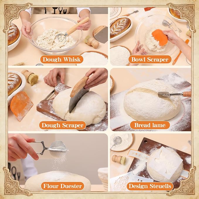 Sourdough Starter Kit for Beginners – Complete Sourdough Kit with Banneton Basket, Bread Lame with Blades, Starter Jar, Bread Stencil, Dough Scraper & Recipe Guide – Sourdough Bread Making Kit