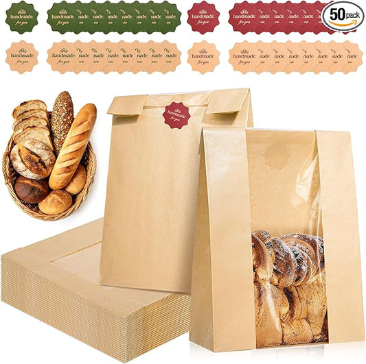 50 Pcs Bread Bags for Homemade Bread, Paper Sourdough Bags with window, Large Bakery Loaf Bag with Stickers for Cookies, Popcorns, Hamburgers 14.2"x8.3"x3.6"