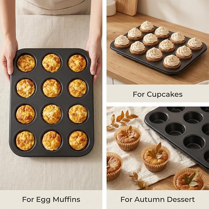 4 Pcs Muffin Pan for Baking, 12 Cup Nonstick Carbon Steel Cupcake Pan with 500 Natural Cupcake Liners, Carbon Steel Muffin Cupcakes Tary Baking Supplies, Standard CupcakePan