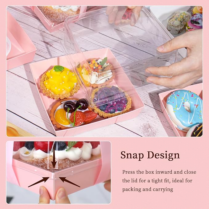 7 x 7 x 4 Inches Paper Cake Boxes with Clear Lids, 50 Pack Pink Large Charcuterie Square Food Containers, Valentine's Day Disposable Bakery Boxes for 4-6 Inch Bundt Cake, Pie, Dessert