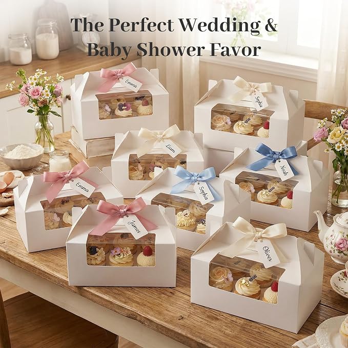 VGOODALL 6 Count Cupcake Boxes,8 Sets White Cupcake Containers with Window for Weeding Birthday Holiday Bakery Supplies Party Decorations 9.3" x 6" x 3.5"