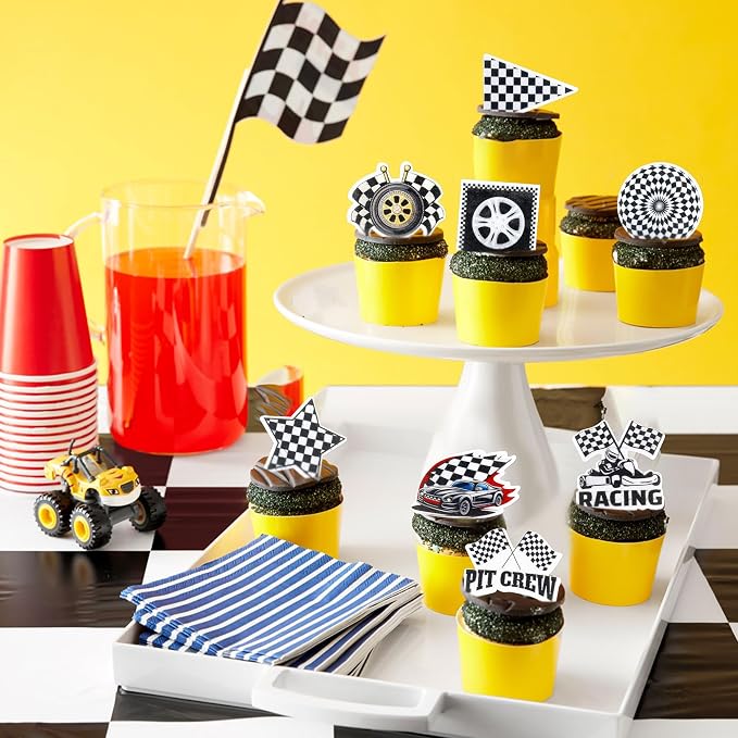 40Pcs Edible Racing Car Wheels Cupcake Toppers Black White Checkered Flags Cupcake Picks for Racing Car Baby Shower Race Car Boys Birthday Party Cake Cupcake Decorations