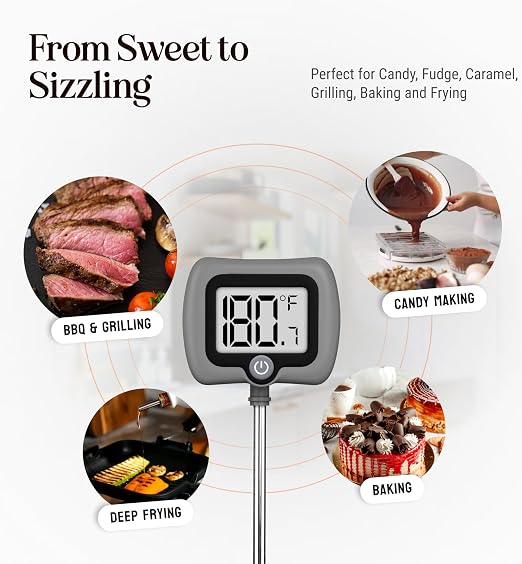 Digital Candy Thermometer with Pot Clip, 10" Long Stainless Steel Probe, Instant Read Kitchen Thermometer for Cooking, Baking, and Candy Making (Gray)