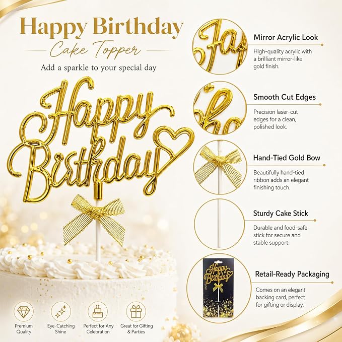 Gold Acrylic Happy Birthday Cake Topper with Heart and Bow | Glossy gold acrylic script withheart and bow adds an elegant finishing touch to birthday cakes and celebration desserts.