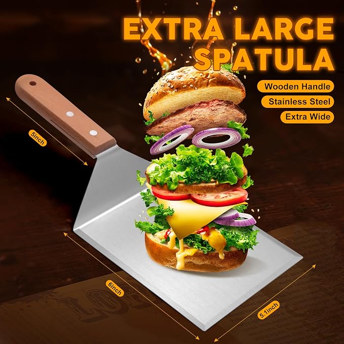 Flyisland Blackstone Bench Scraper and Grill Spatula Set, Stainless Steel Heavy Duty Hamburger Turner with Cutting Edges, Flat Top Griddle Pancake Flipper