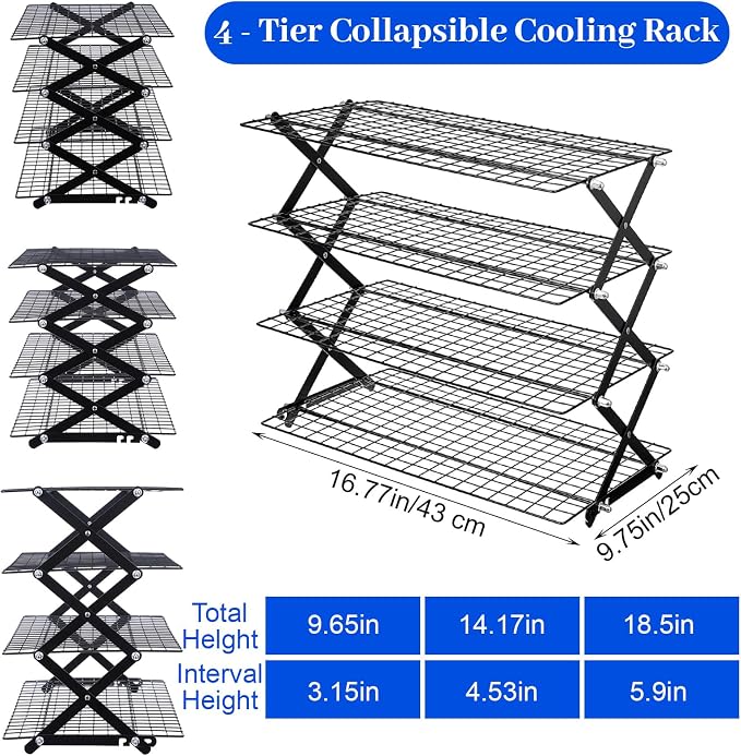 Sibba 4 Tier Collapsibl Cooling Rack, Adjustable 4 Setting Design Stainless Steel Baking Rack Stackable Roasting Cooking Drying Wire Cooling Racks for Cookies Baking Gifts for Women, Black