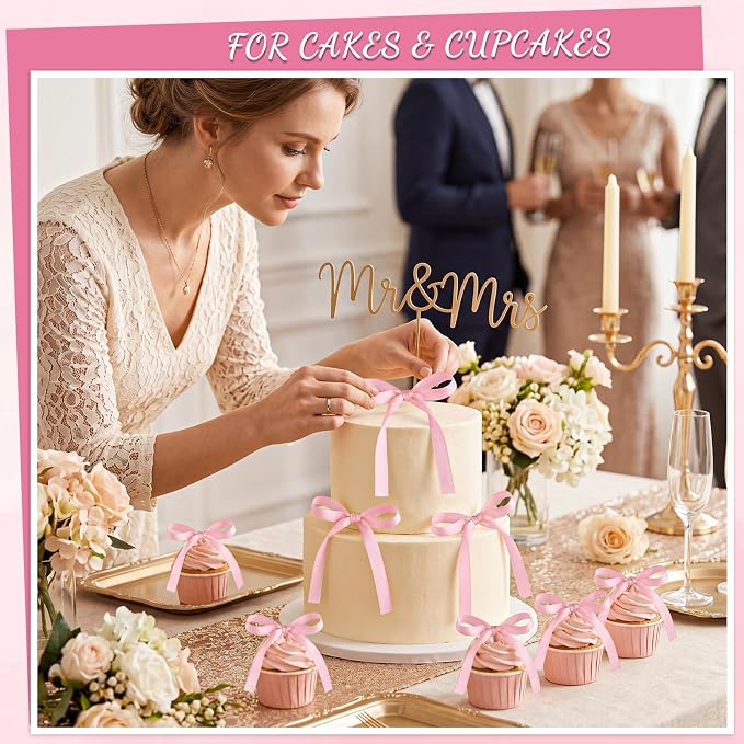 30 PCS Pink Bows for Cake Ribbon Bow Cake Topper Pink Bow Cupcake Toppers for Bridal Weddings Baby Shower Birthday Party Bachelorette Balloon Wall Decorations
