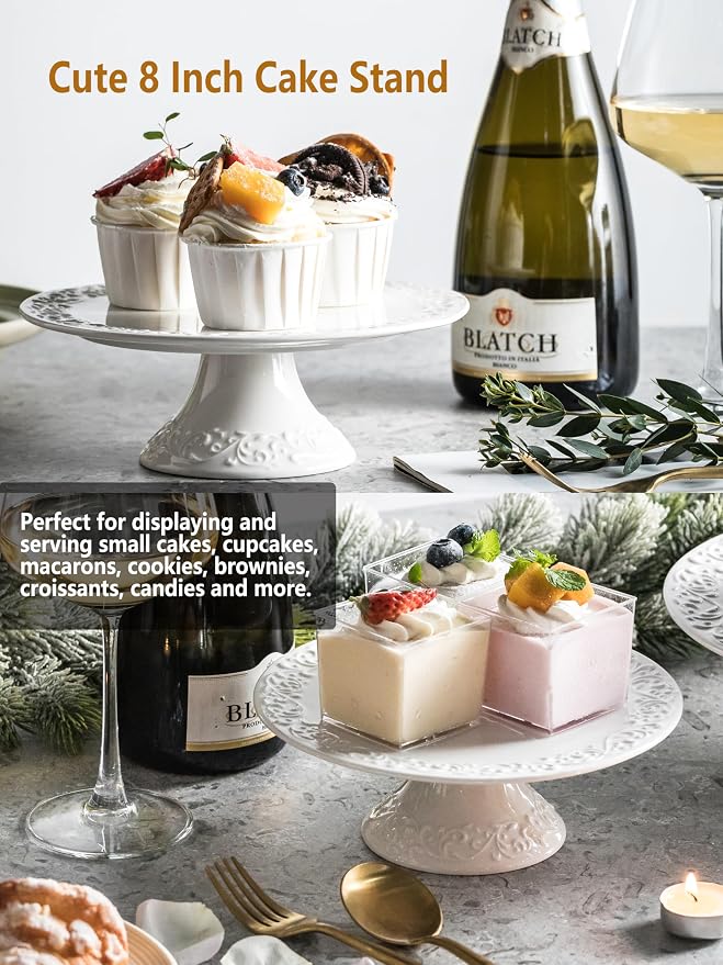 White Cake Stand – Fits Cakes Smaller Than 8 Inches, Porcelain Dessert Plate for Party, Christmas, Baby Shower, Birthday, Home Decorating Stand