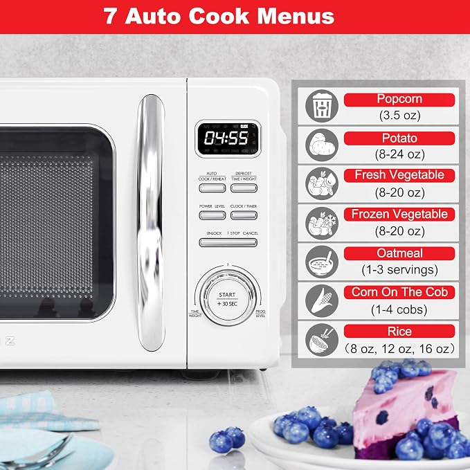 Galanz GLCMKZ09WER09 Retro Countertop Microwave Oven with Auto Cook & Reheat, Defrost, Quick Start Functions, Easy Clean with Glass Turntable, Pull Handle, 0.9 cu ft, White