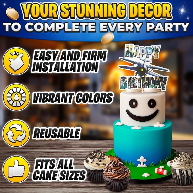 Video Game Cake Topper with 7 Action Figures & Large Logo - Sturdy Cardboard Cake Decorations, Easy Adjustment & Firm Installation - Creative Happy Birthday cake Toppers for Boys & Girls