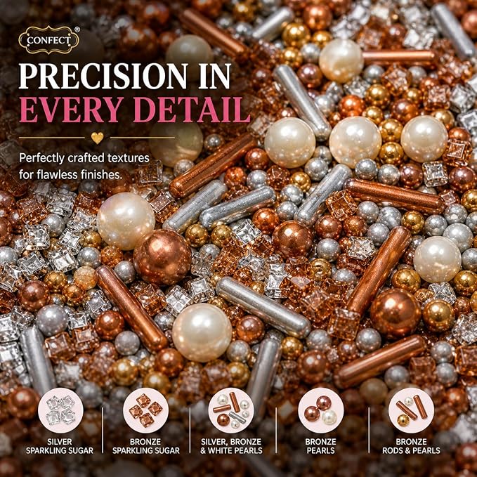 Confect Sprinkles for Cake & Cupcake Decoration | Pack of 5 Party Sparkle Sprinkles | Champagne Gold Pearl | Sliver & Bronze Jimmies Sliver Sparkling Sugar | Vegan, Gluten-Free, Nut-Free, Soy-Free, Dairy-Free, Palm Oil-Free - 5 Oz