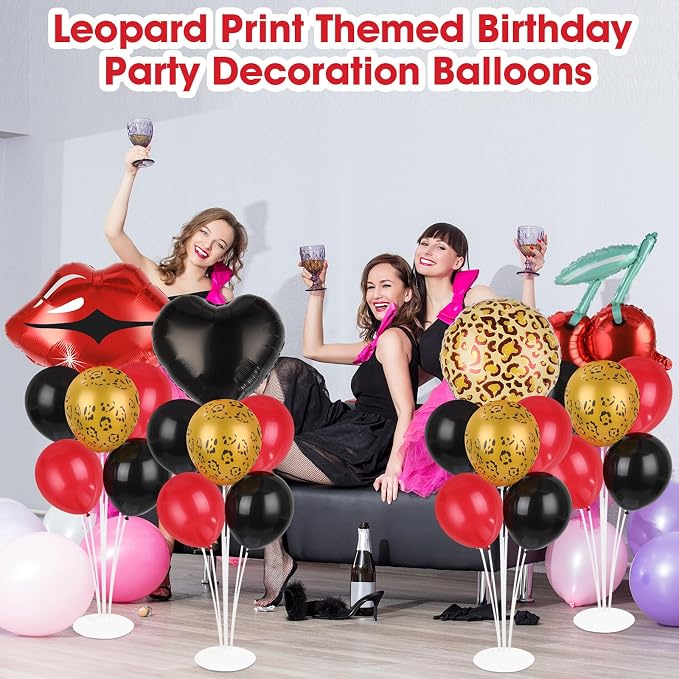 4 Sets Cheetah and Cherry Party Balloons Stand Kit with Black Red Cherry Leopard Print Foil Balloon Centerpiece for Tables Leopard Print Party Balloon for Girls Women Leopards Birthday Decorations