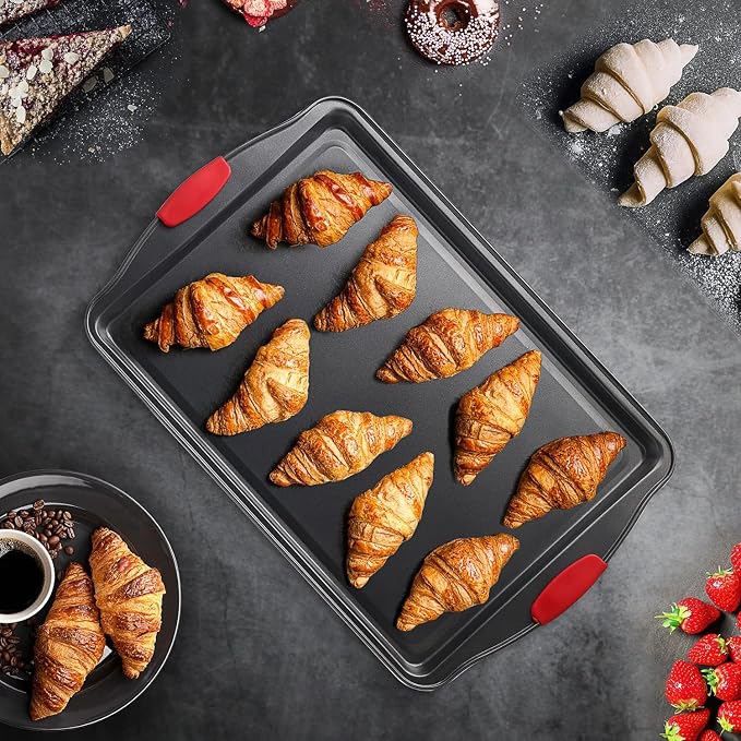 Eatex Nonstick Baking Sheet Set, 3-Piece Baking Pans Set with Silicone Handles, Carbon Steel Cookie Sheets for Baking, Commercial Grade Quality Oven Tray, Quarter/Jelly Roll/Half Sheet Pans for Baking