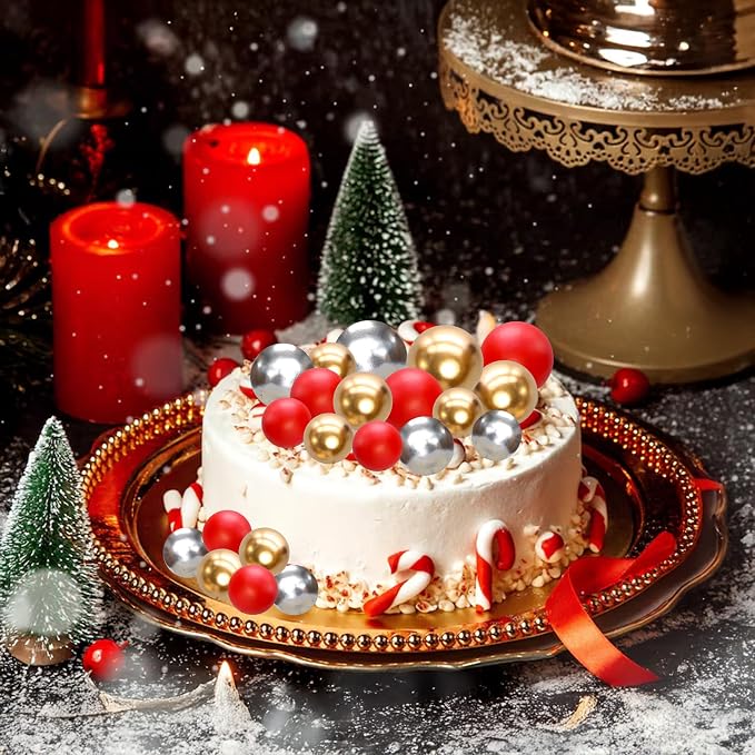 Gyufise 30Pcs Christmas Mini Balloon Cake Topper Foam Ball Cake Picks Cupcake Faux Pearl Balls DIY Cake Insert Topper Decoration for Christmas Graduation Birthday Party Red Gold Silver