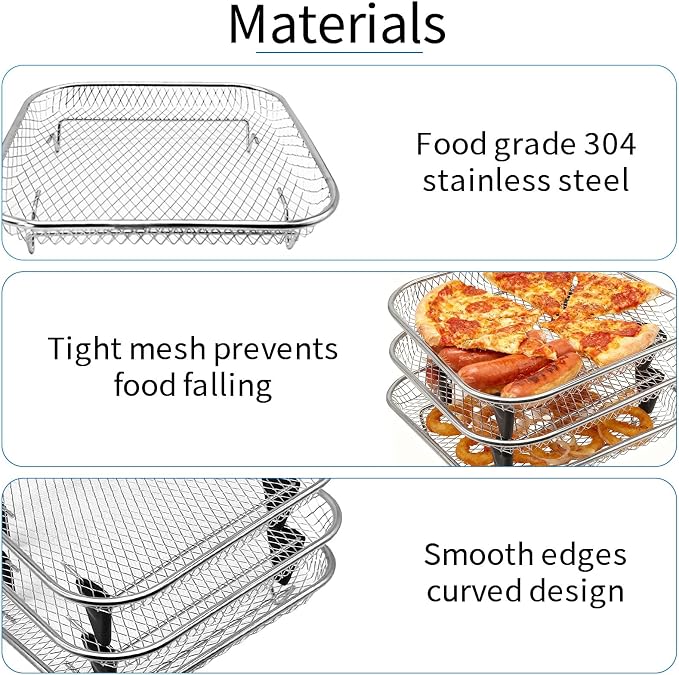 3 Tiers Air Fryer Mesh Baskets, 8×8×1.7 Inch Stackable Square Stainless Steel Square Dehydrator Racks Air Fryer Accessories with Silicone Feet for Ninja Cosori Chefman Instant