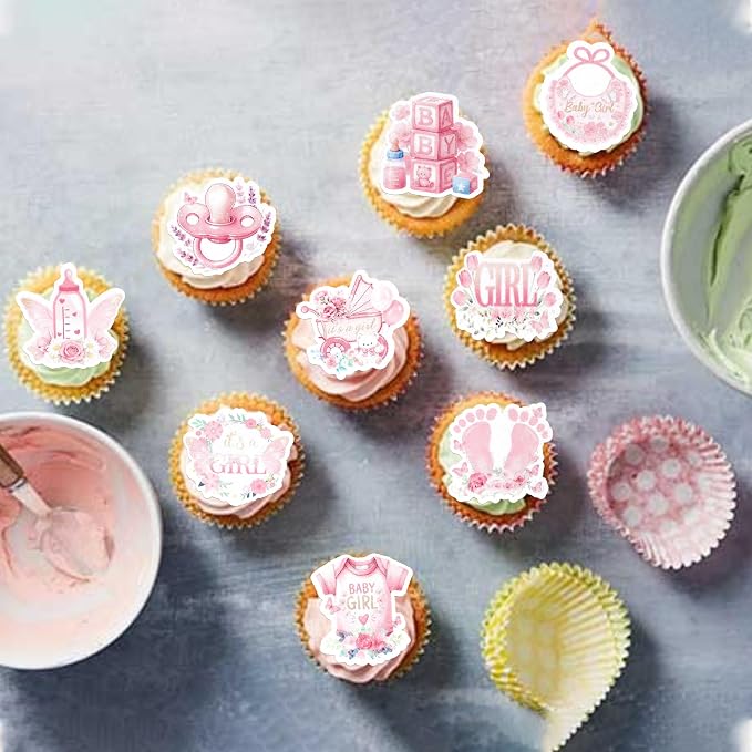 63 PCS Edible Baby Shower Cupcake Toppers Bottle Carriage Oh Baby Girl Cupcake Picks Edible It's a Girl Cupcake Decorations for Gender Reveal Baby Shower Birthday Party Cake Decorations Supplies Pink