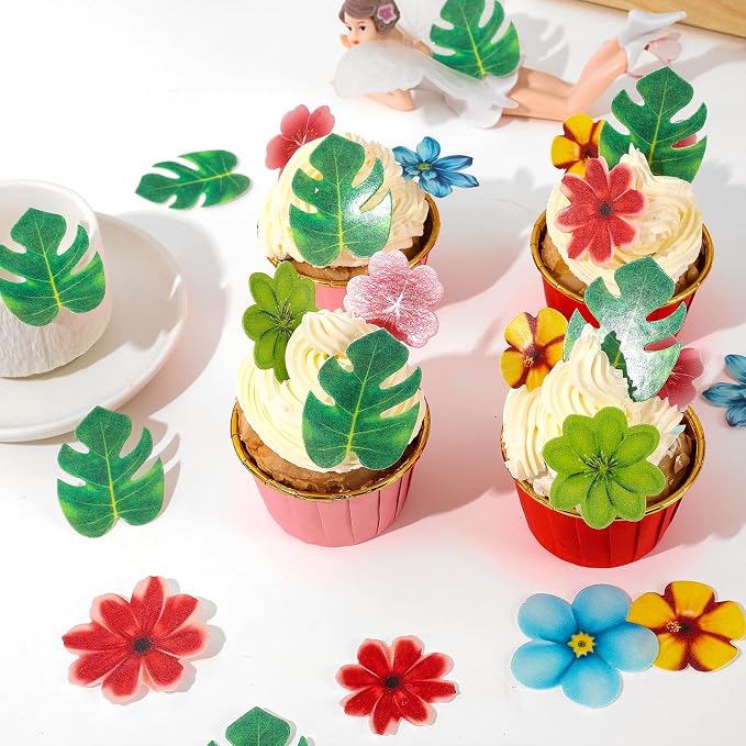 YOcity 83pcs Monstera Tropical Leaves Flowers for Cake Decoration Tropical Palm Leaves Flowers Cupcake Toppers for Jungle Hawaii Theme Baby Shower Kids Birthday Party Supplies