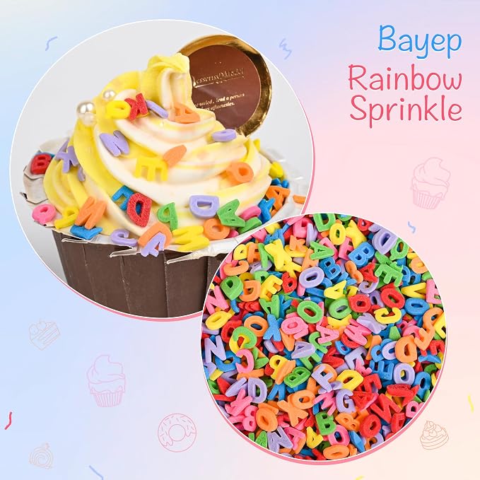 Bayep Rainbow Sprinkles for Cake Decorating Alphabet Bulk Sprinkles for Ice Cream, Cookies, Baking, Cupcake Topper Colorful Sprinkles Perfect for Birthday Party Christmas Holiday Supplies 3.52 Ounce