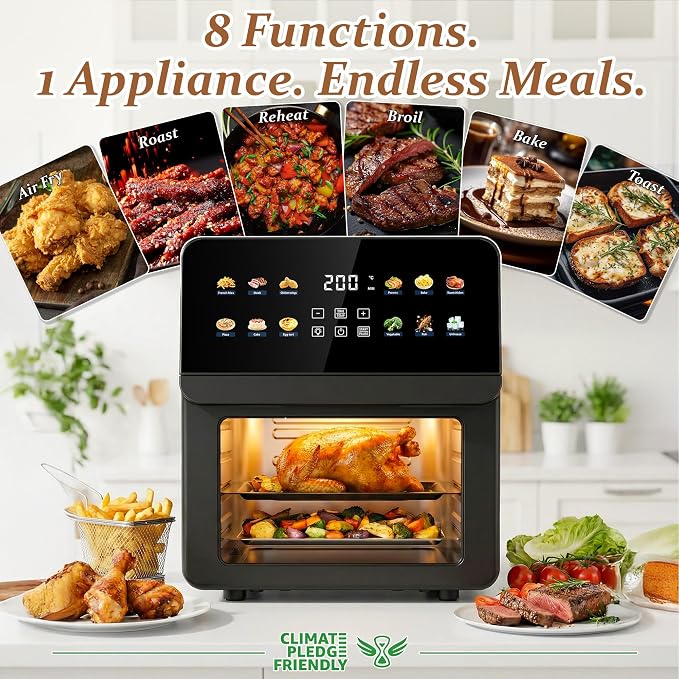 2026 Upgraded 12QT Air Fryer Oven, 8-in-1 Toaster Oven Combo, 8 Presets, Family Size Countertop Oven, 2 Baking Racks & Gloves, Roast Bake Air Fry, Easy to Clean