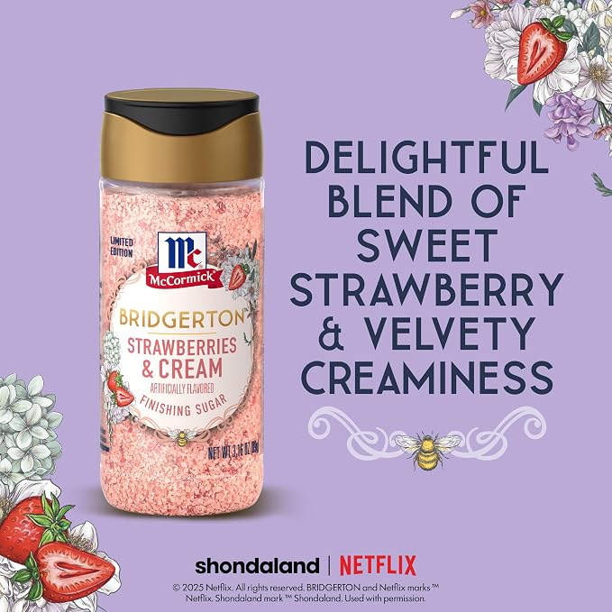 McCormick Bridgerton Finishing Sugar, Strawberries & Cream, Limited Edition, Sweet Strawberry Flavor Infusion, For Desserts, Cocktails, Breakfasts, and More, 3.16 oz