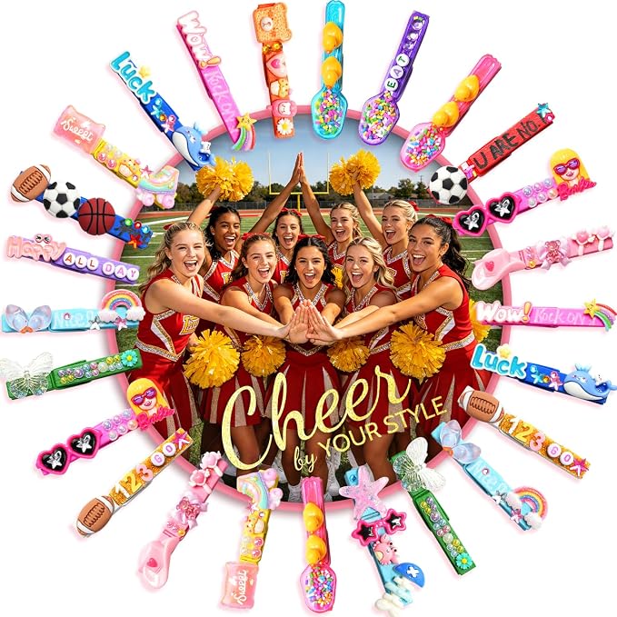Cheer Pins for Cheerleaders, 100 Pcs Team Spirit Clips Making Kit, Wooden | 250+ Pcs Mini Resin Charms, Bows, Beads, Stickers, Fade-resistant, Ideal for Team Activities, Backpack Deco, Gift Giving