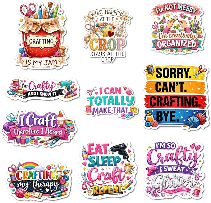 10pcs Crafting Stickers Gifts for Crafters Creative Women Multiple Different Design, Waterproof UV-Resistant for Water Bottle, Laptop, Window, Car