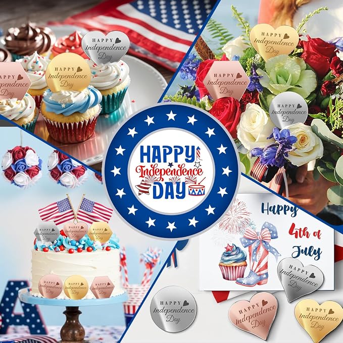 45PCS Happy 4th of July Cake Toppers, Mirror Acrylic Cupcake Toppers 3 Multi-shape & 3 Different Color Custom Cupcake Picks for 4th of July Party Decorations