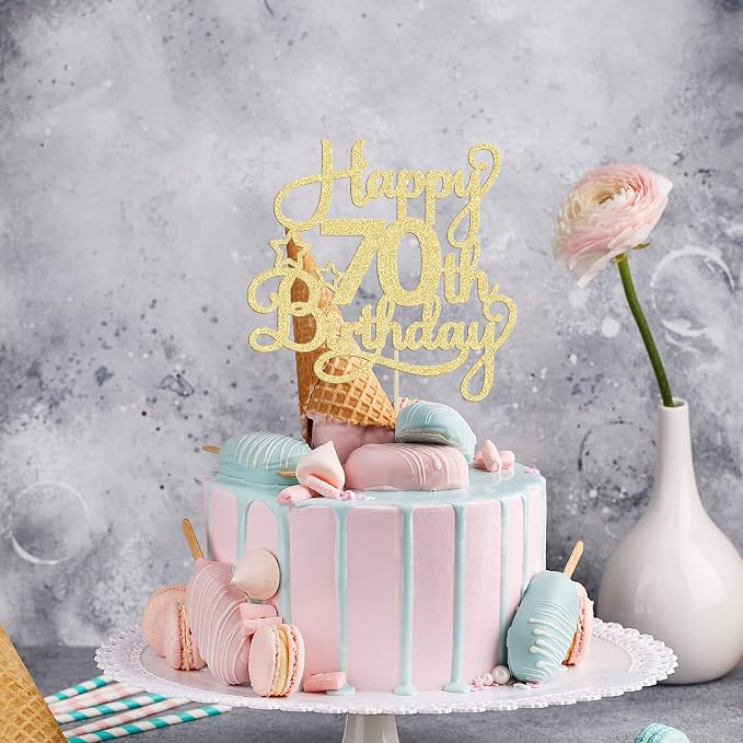 1 Pack Happy 70th Birthday Cake Topper Gold Glitter 70 & Fabulous Cheers to 70 Years Old 70th Birthday Cake Pick for Celebrating 70th Birthday Anniversary Party Cake Decorations Supplies