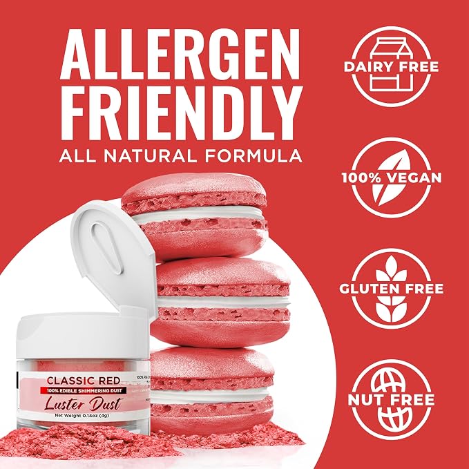 Luster Dust - Classic Red (4g 1x Jar) | Edible Vegan Dust & Paint for Cake Decorating, Ice Cream, Desserts, Cocktails and Beverages by Bakell