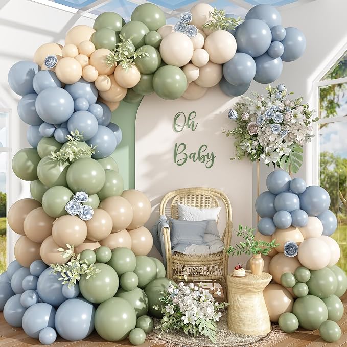 Dusty Blue Sage Green Balloon Garland Arch Kit, Double Stuffed Fog Blue Green Sand White Beige Balloons for Neutral Baby Shower Bridal Shower Wedding Anniversary Woodland Dinosaur Birthday Party Decor