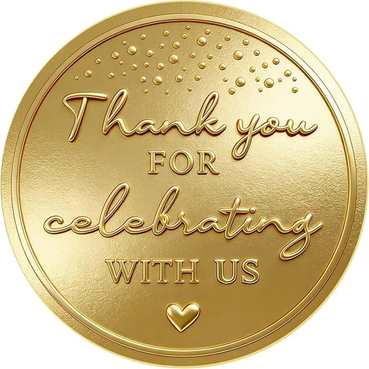 100PCS Thank You for Celebrating with Us Stickers, Embossed Matte Gold Wedding Favor Labels for Bridal Shower, Baby Shower, Engagement Party, Gift Bags & Invitations 1.6 Inch