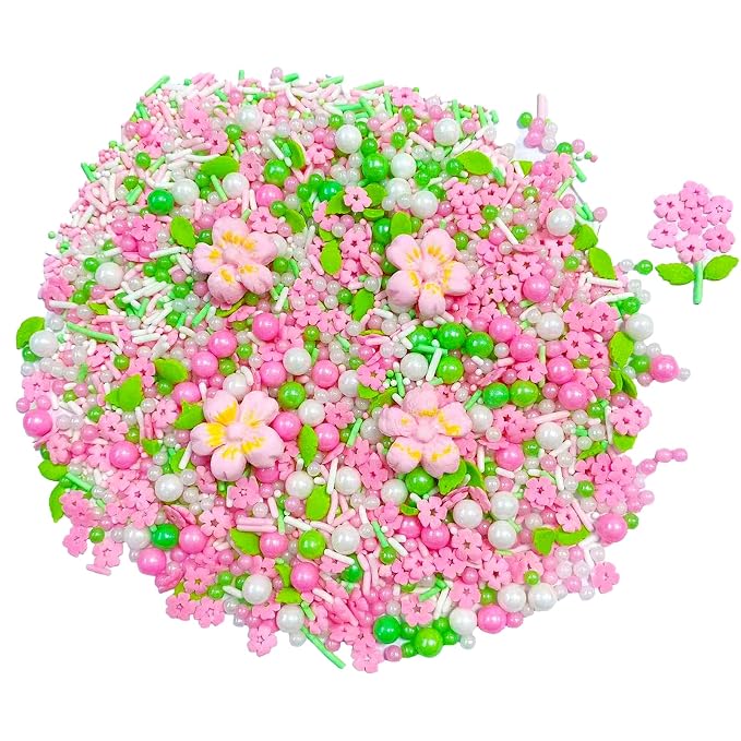 Sentovac Pink Flowers Sprinkles Edible Spring Green Peals Sprinkles for Cake Decorating Candy Cupcake Cake Topper Cookie Baking Decorations Christmas Wedding Supplies
