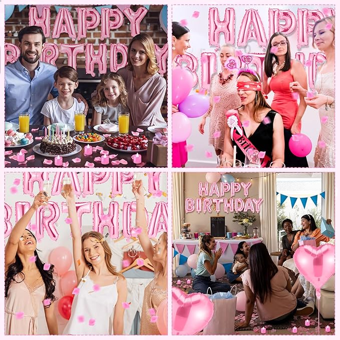 Pink Happy Birthday Balloons Decorations Happy Birthday Letter Balloons Banner Set with 24pcs Round Flameless LED Candles and 2000pcs Artificial Rose Petals for Women Men Room Party Decor