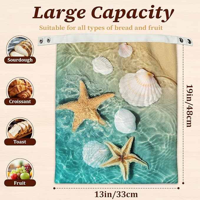 Bread Bags for Homemade Bread- Starfish Shells Beach 2 Pack Linen and Beeswax Sourdough Storage Bags, Reusable Keeper, Keeps Breads Fresh Longer, Gifts for Bakers