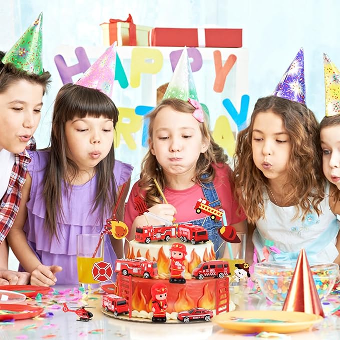 17PCS Fire Truck Cake Toppers Fire Truck Birthday Decorations Firetruck Cake Decorations for Kids Adult Birthday Party Supplies Fireman Firetruck Party Cake Decorations
