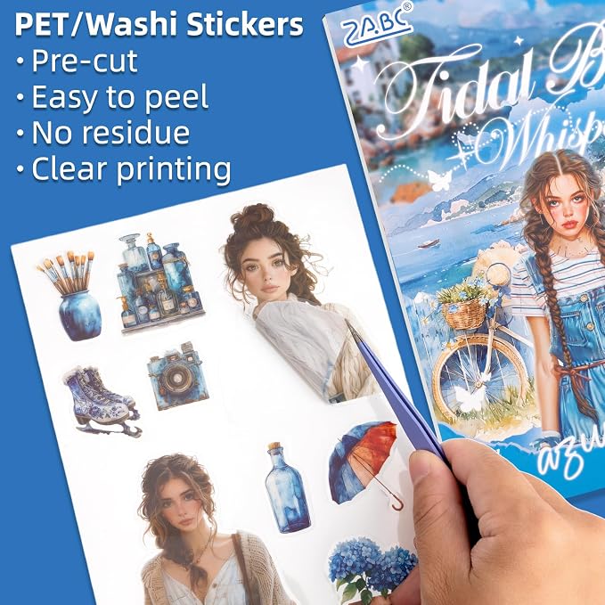 Tidal Blue Whisper Sticker Scrapbooking Supplies for Junk Journal, 20 Sheets PET Stickers - Vintage Journaling Stickers