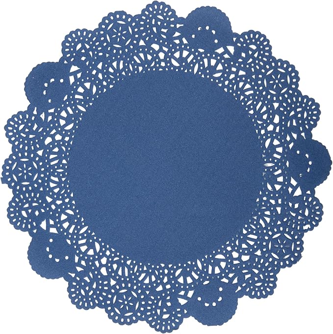 Restaurantware-Pastry Tek 8 x 8 Inch Paper Lace Doilies, 100 Disposable Table Doilies - Elegant Lace Finish, Long Lasting, Navy Blue Paper Placemat, for Pastries, Cupcakes, Desserts