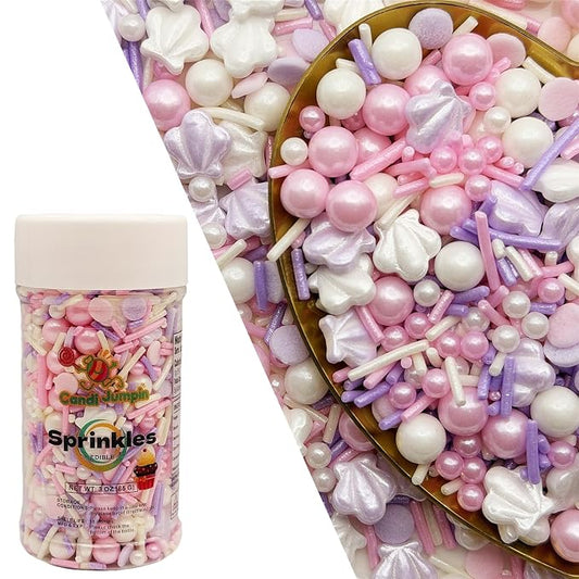 CandiJumpin Under The Sea Sprinkles, Edible Seashells for Cake Decorating Ocean Themed Cake Decorations White Seashells and Pearls Sugar Decorations Baby Shower Party Birthday Wedding Christmas Supplies 3 OZ