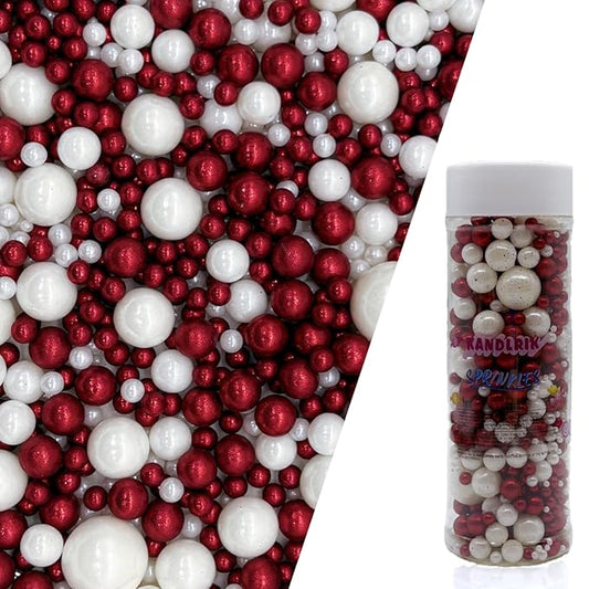 Edible Red & White Sugar Pearls Sprinkles Candy Mix Size Pearls Cake Decorations Cupcake Toppers Decorating Perfect for Wedding Party Valentine Christmas Supplies 4.58OZ