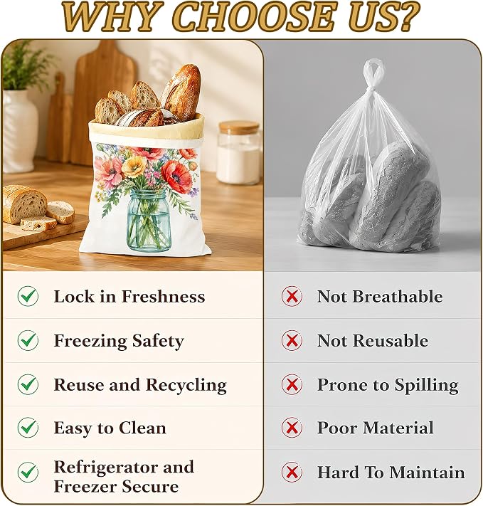 2 Pack Beeswax Watercolor Spring Flower Bread Bags for Sourdough Homemade Breads, Reusable Beeswax Bread Storage Bag, Keep Loaves Fresh Longer, Freezer Safe & Airtight, Zero Waste 17 x 13''